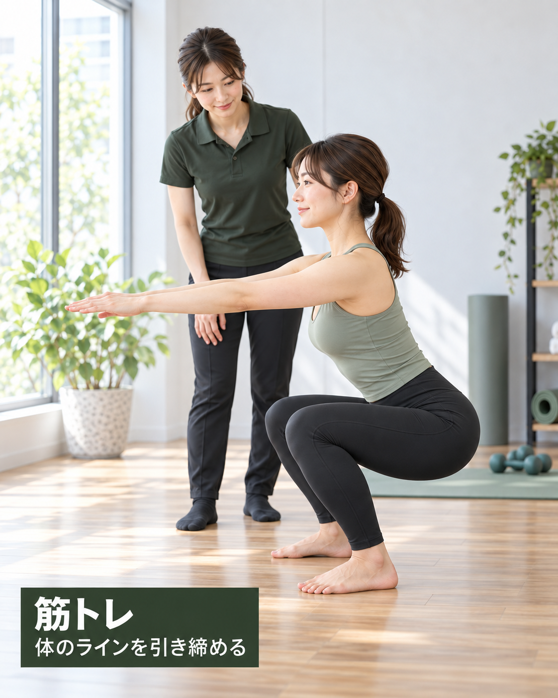背すじを伸ばした正しいフォームでスクワットを行い、トレーナーにフォームを確認してもらう女性