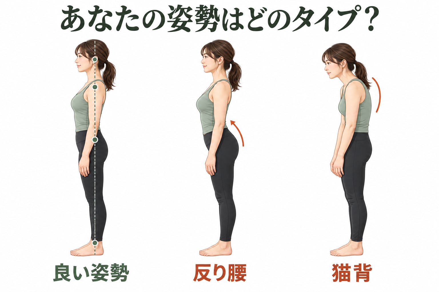 良い姿勢、反り腰、猫背の3タイプを横から比較したイラスト。反り腰は下腹が前に出て、猫背は頭が前に出ている